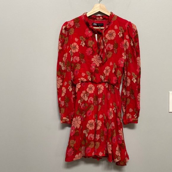Zara Neck Tie Red Floral Long Sleeve Dress Size XS - Picture 3 of 10